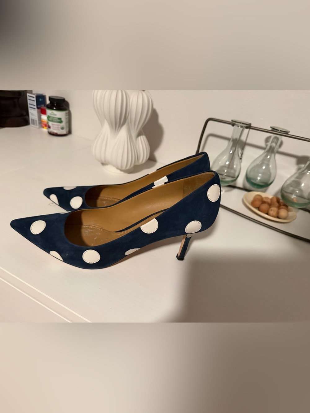 Tory Burch Penelope Navy Suede Pointed Pumps with White Polka Dots